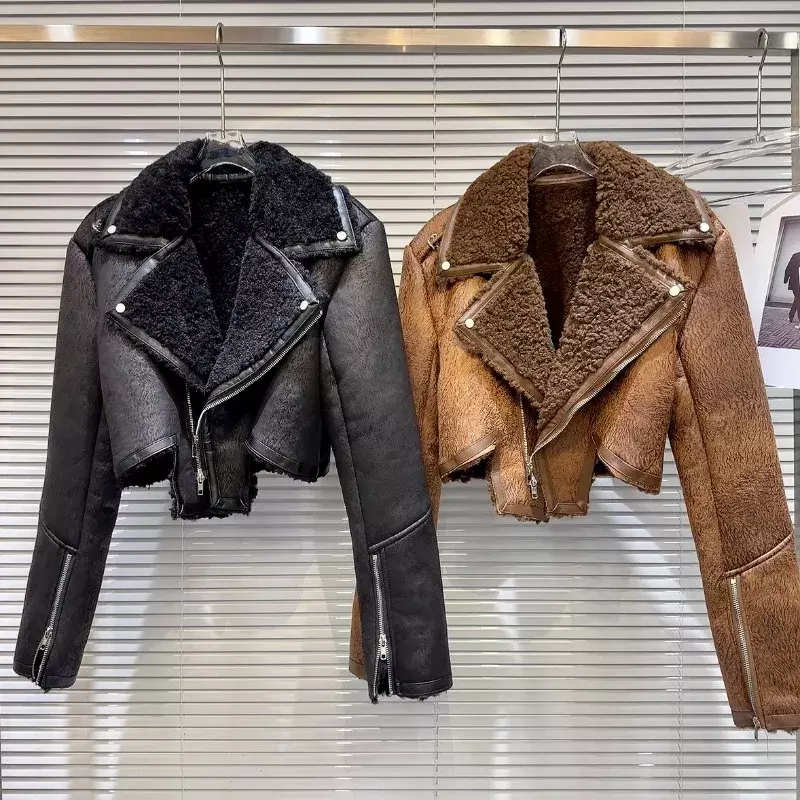 2023 Winter Autumn Streetwear Style Lapel Zipper Cuff Texture Fur Integrated Jacket Short Leather Coat Women Jaquetas Feminina