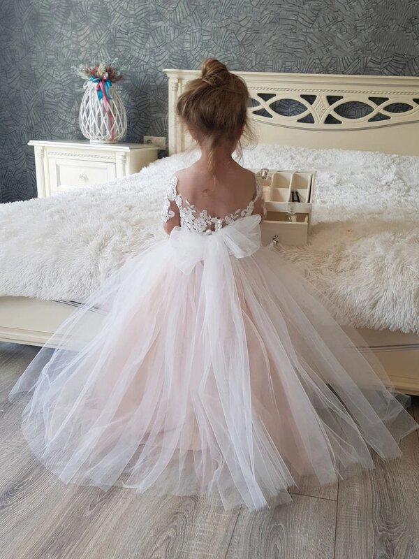 Missshow-vestido da menina flor das crianças, primeiro vestido comunhão com laço, para festa de casamento, aniversário, para o bebê