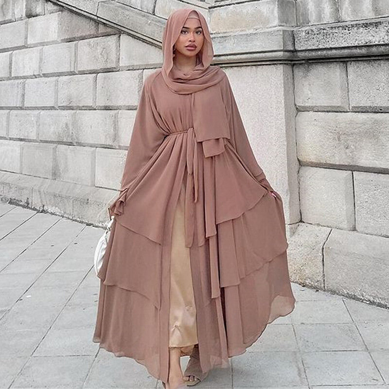 Sifon terbuka Abaya berlapis wanita Kaftan Dubai mewah Turki gaun Muslim jubah Islam Afrika Kimono Femme pakaian Kaftan mode