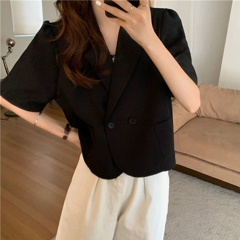 Thin Cropped Women's Suit Jacket Korean Fashion Button Up Short Sleeves Tops for Summer 2024 Solid Color Wild Office Coat Ladies