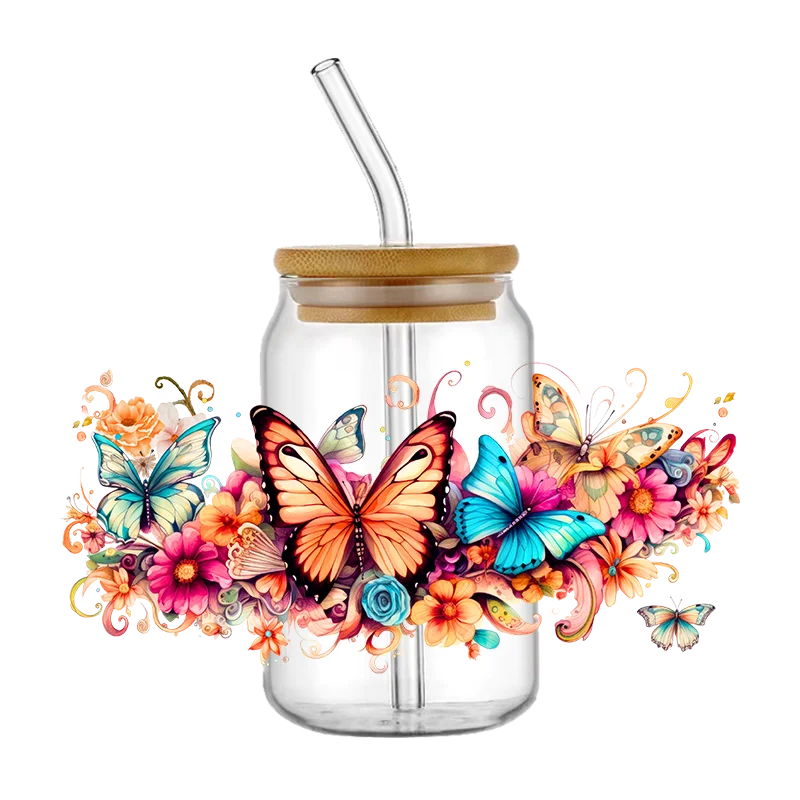 Butterfly Cup UV Dtf Transferência Envoltório Adesivo, Latas De Vidro DIY, Forma Do Coração Popular, Design Elemento, Decalques Impermeáveis, 16 oz, 30 Designs