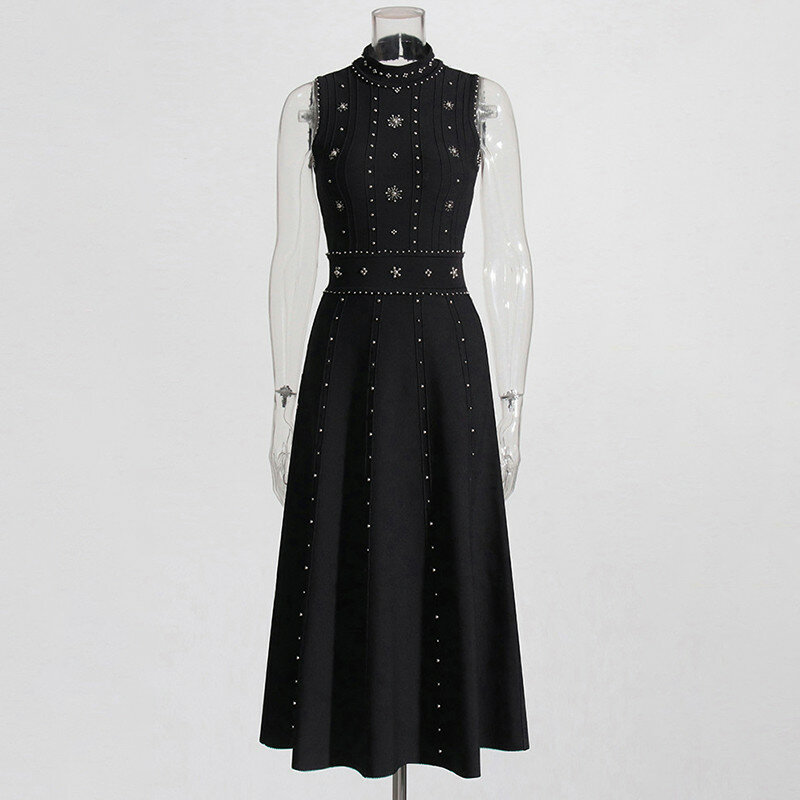 Kbq elegante Temperament kleider für owmen Rundhals ausschnitt ärmellose hohe Taille solide Vintage eine Linie Kleid weibliche Mode Kleidung neu