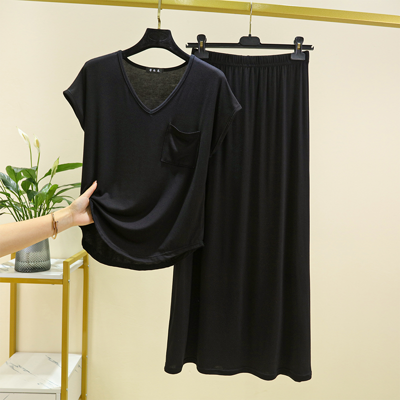 Женский костюм из 2 предметов из модала и хлопка, футболка с V-образным вырезом + юбка, летняя облегающая юбка с завышенной талией, базовая юбка, длинная повседневная юбка
