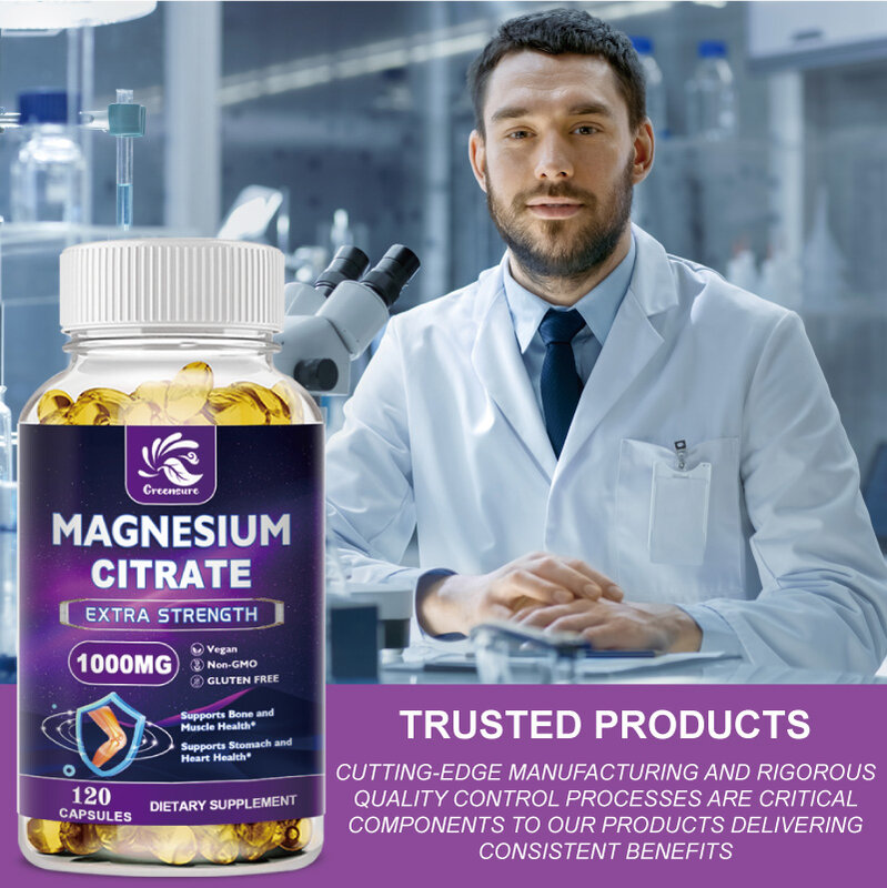 Citrate de Magnésium 1000 mg, Facilement Absorbé, Trace Purifiée, Muscle, Nerf, Massage, Soutien, Sans OGM