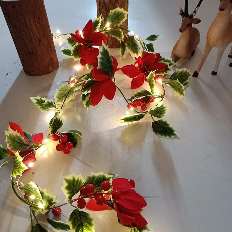 人工pointsettiaガーランド装飾ストリングライト、クリスマスデコレーション用の赤いベリー籐、電池操作
