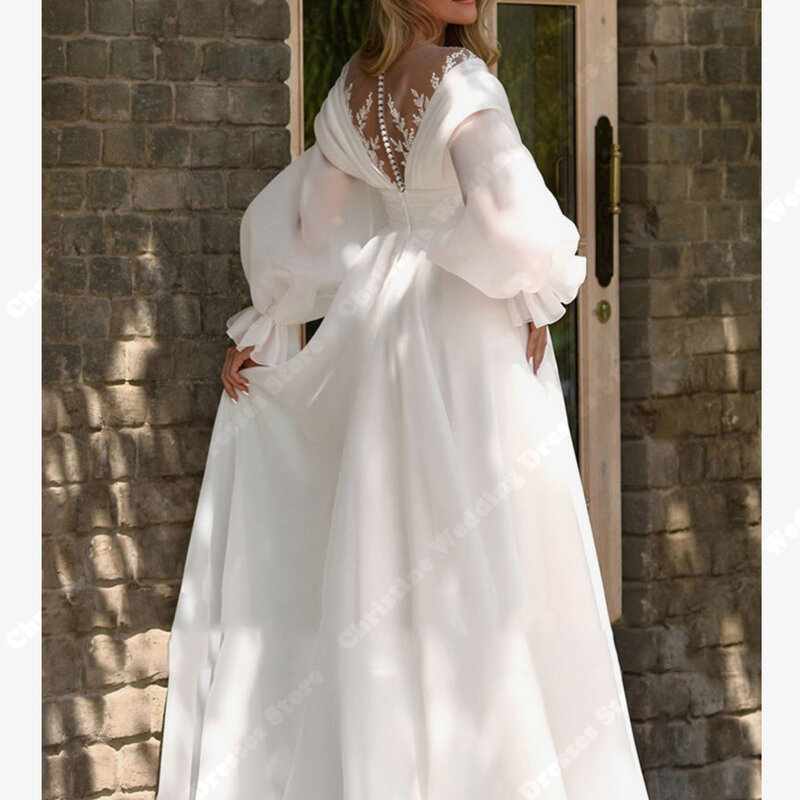 Glitte Chiffon Frauen Brautkleider sexy tiefen V-Ausschnitt Druck Design A-Linie Brautkleider lange Ärmel rücken freie Braut Roben