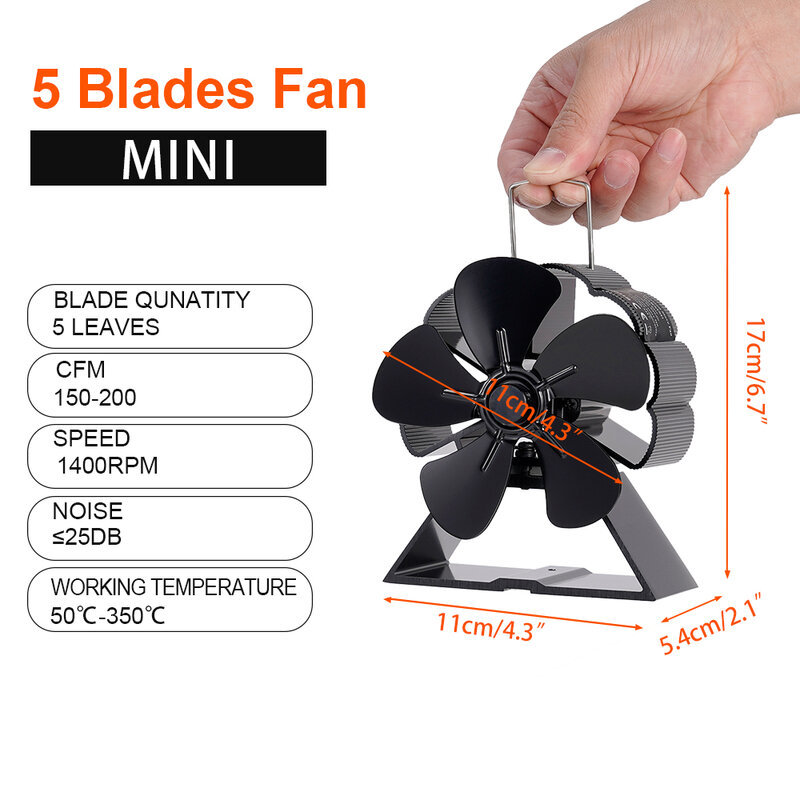 Mini 5 Blades Fireplace Fan Heat Powered Fan Stove Fan Log Wood Burner Eco-fan Quiet Heater Efficient Heat Distribution