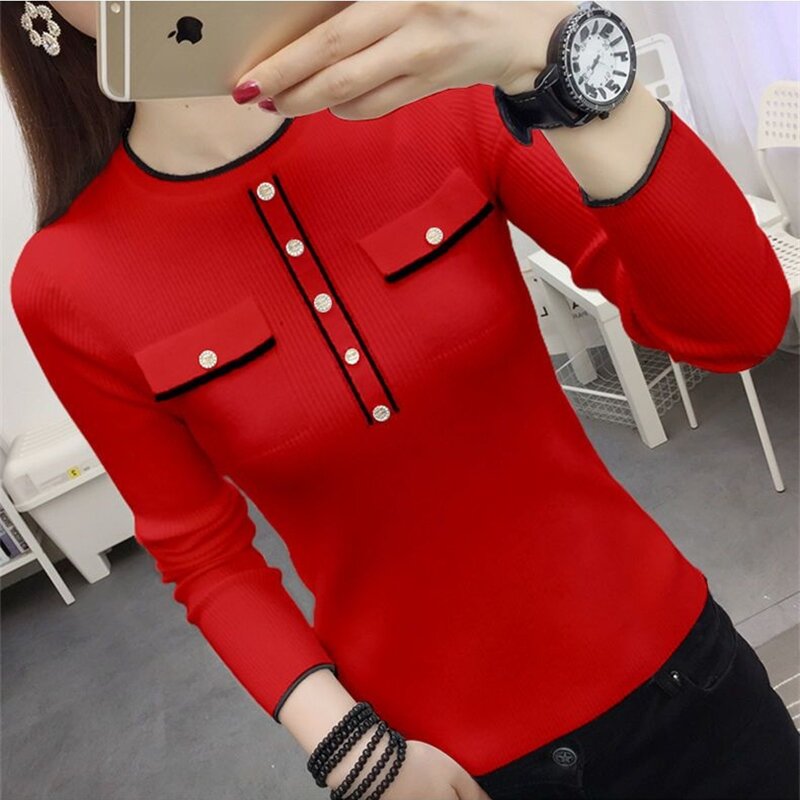 Autumn Winter Women Long Sleeve Knitted O-neck Ribbed Pull Sweater Soft Warm Femme Jumper Pullover Clothes Bottoming Shirt