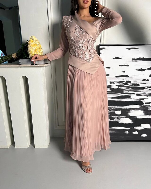 Elegante Party kleider Applikation lange Ärmel Ballkleider A-Linie Chiffon Satin Saudi-Arabien Frauen Abendkleid فساتين مناسبة رسمية