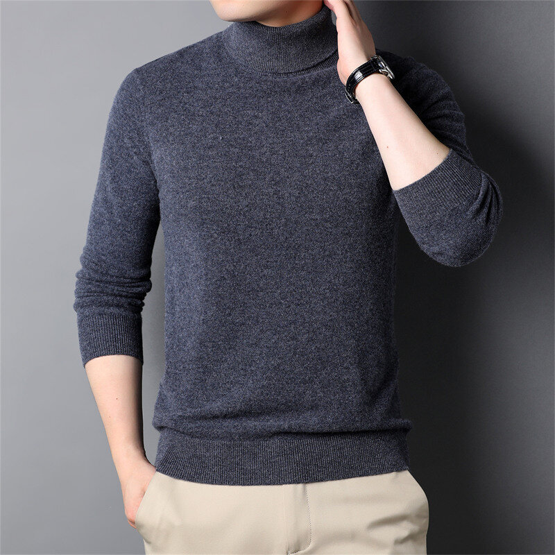 High Quality Men's Autumn/winter Sheep Wool Warm Knit Jumper Men's Solid Color Slim-fit Business Casual Turtleneck Wool Knitwear
