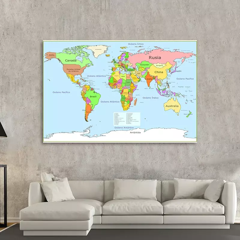 خريطة سياسية للعالم 225*150 سنتيمتر غير المنسوجة قماش اللوحة باللغة الإسبانية الجدار ملصق فني صورة غير مؤطرة غرفة ديكور المنزل
