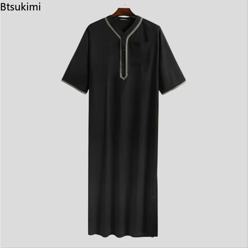 Muslim Fashion pria Jubba Thobe padat tombol Kimono tengah jubah Muslim kemeja berdiri kerah Islam Arab Kaftan pria Abaya