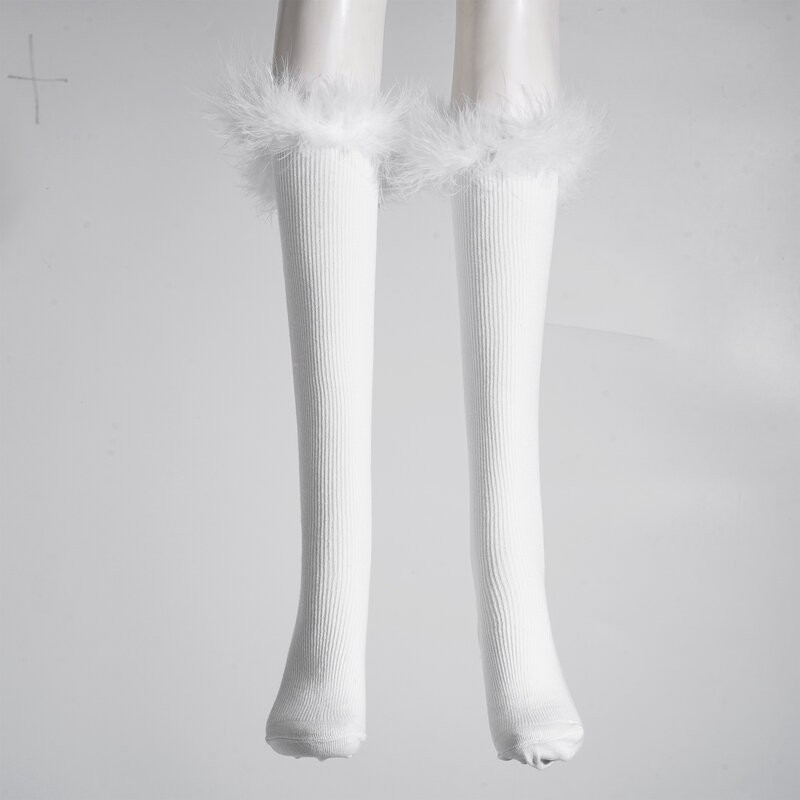 Kaus kaki katun wanita, kaus kaki tinggi warna polos renda bulu elastis Musim Semi dan Gugur untuk pesta Cosplay Lolita
