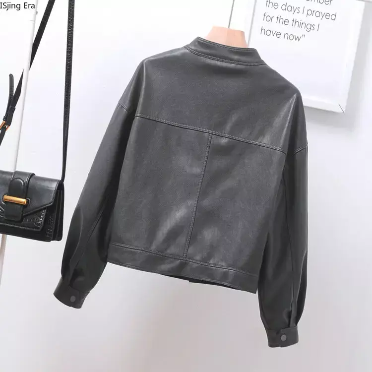 2023 New Standing Collar PU Leather Coat Loose Fit Leather Jacket Slim Women Coat M1