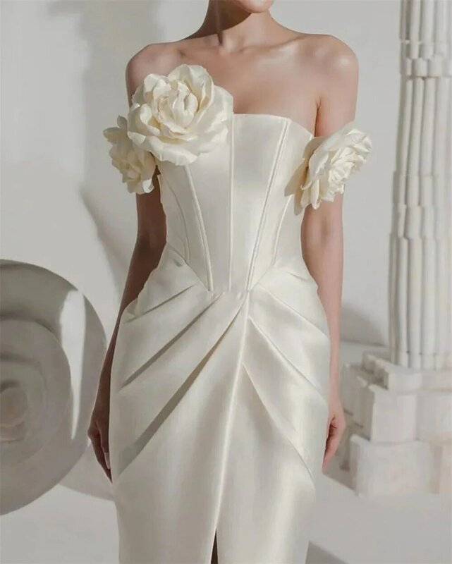 Prom Dress فستان سهرة نسائي Strapless 3D Flower Satin Formal Occasion Evening Gown Islamic فساتين مناسبة حسب الطلب