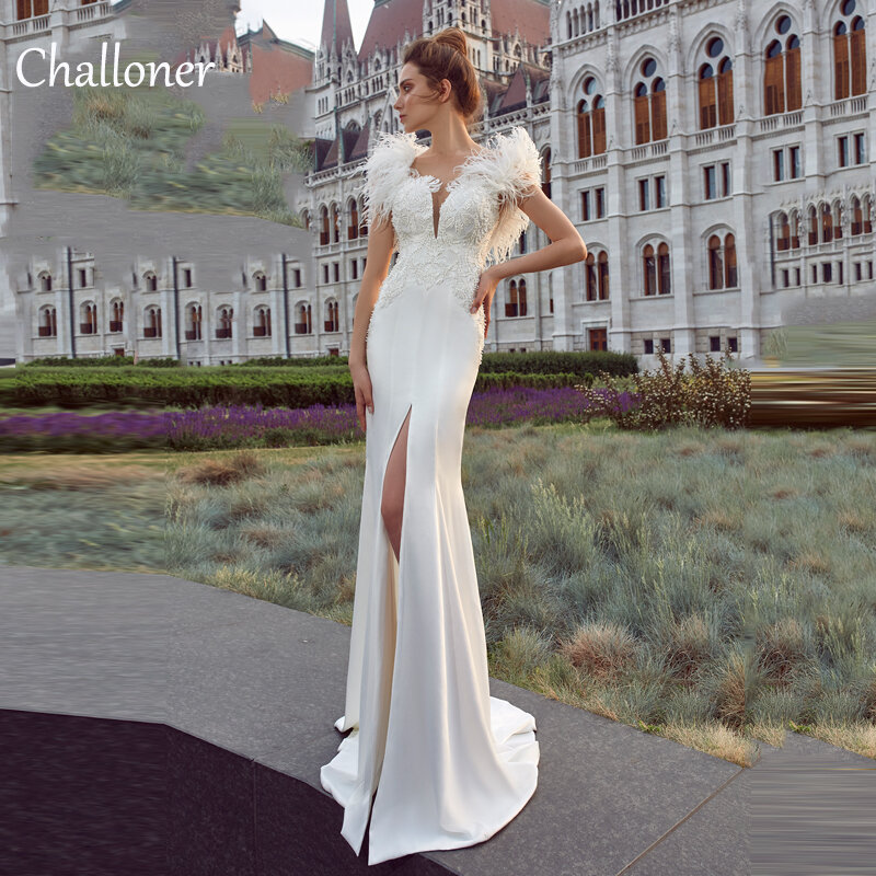 Challoner Vintage Mantel Satin Hochzeit Kleid für Frauen Side Split Feder auf Schulter Vestido de Novia Zurück Taste Braut Kleider