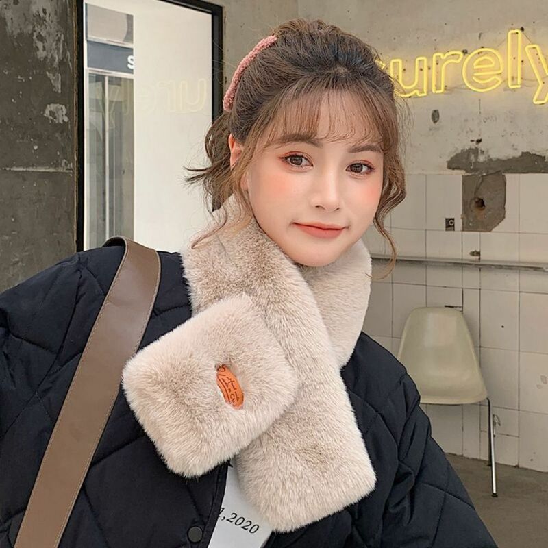 Faux Rabbit Fur Plush Cross Scarf Korean Version Autumn Winter Neck Warmer Collar Scarf Women Solid Color Thickened Soft Scarves