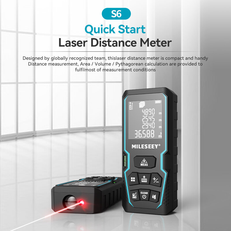 Mileseey S6 pengukur jarak Laser 40m/120m, pengukur jarak dengan tingkat gelembung, layar LCD dengan lampu latar, alat pengukur untuk rumah