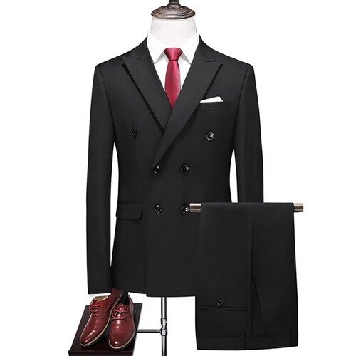 Men Suit 2 Pieces Burgundy Slim Formal Double Breasted Solid Color Fit Business Wedding Evening Set Jacket And Pants