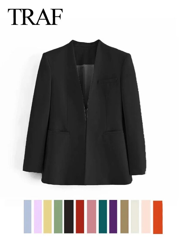 TRAF-blazer simples feminino, manga comprida, roupa entalhada para senhora do escritório, casaco formal monocromático, bege e preto, moda vintage, 2023