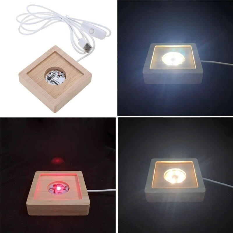 Base exhibición luces LED, luz colorida/blanca/cálida, Base iluminada madera con Cable USB, centro para