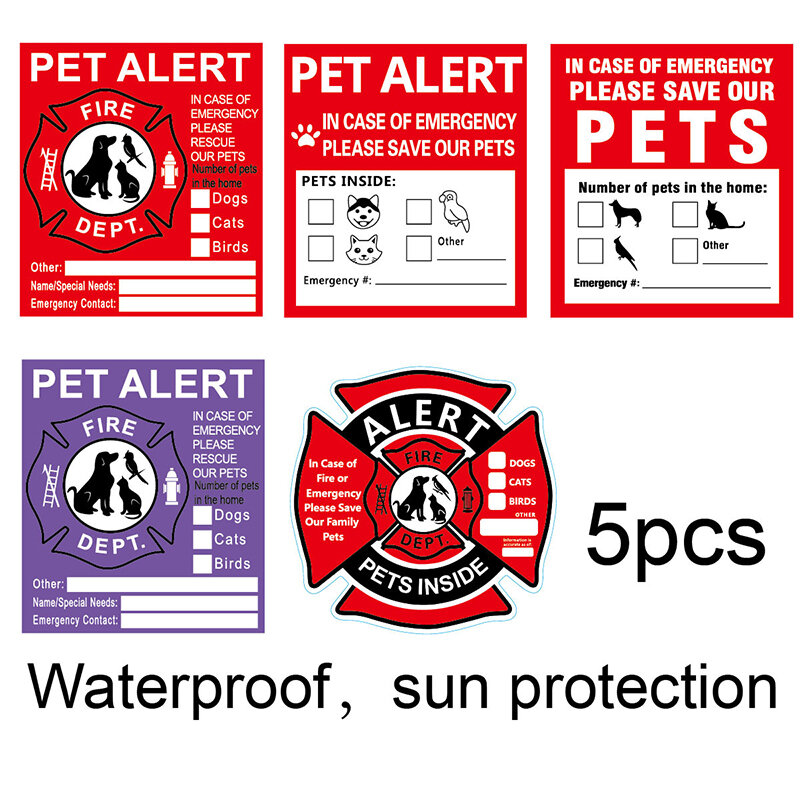 สติกเกอร์ป้องกันอัคคีภัยสัญญาณเตือนความปลอดภัย5ชิ้นบันทึกแมว/สุนัขสัตว์เลี้ยงของเราในกรณีฉุกเฉินไฟไหม้