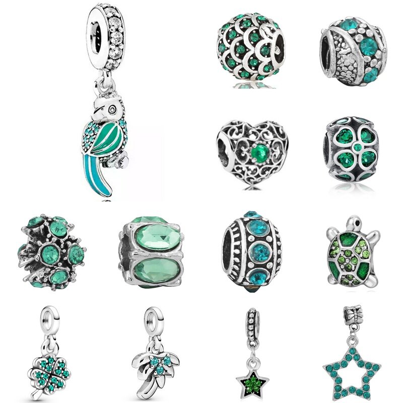 925 Verzilverde Groene Serie Diamanten Meerdere Hangers Armband Sleutelhanger Voor Pandora Vrouwen Diy Sieraden Moederdag Geschenken