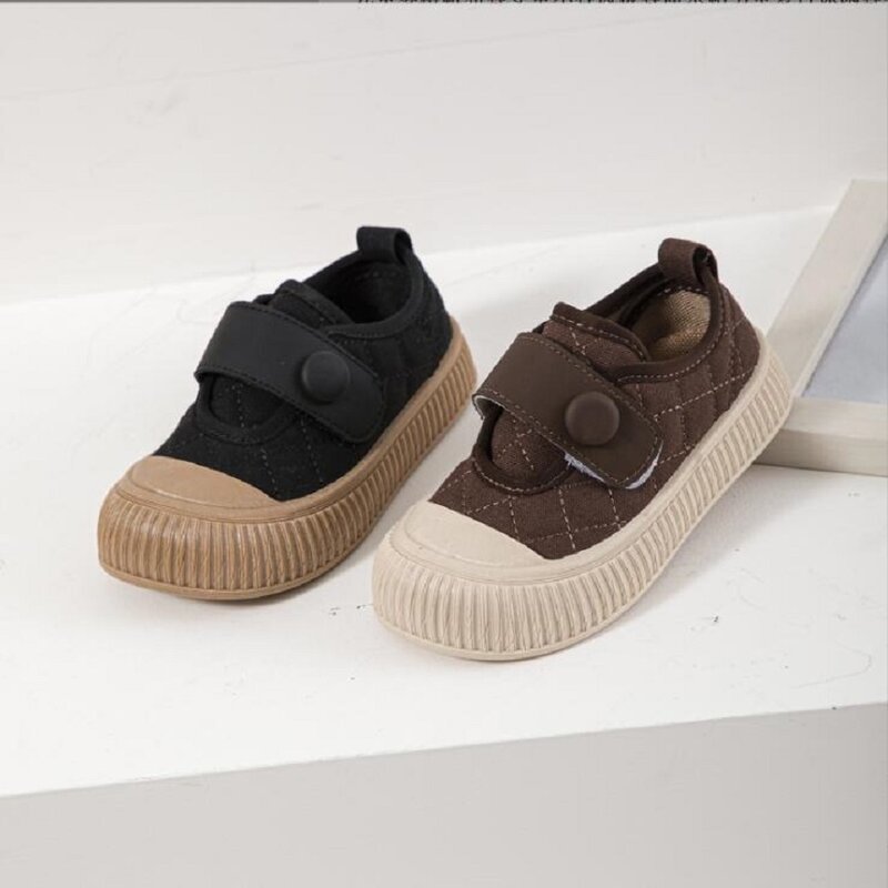 Children's Lingge Canvas Shoes Girls' Boys' Retro Casual Shoes 2024 Autumn New Baby Board Shoes Black Deep Coffee Size 23-30
