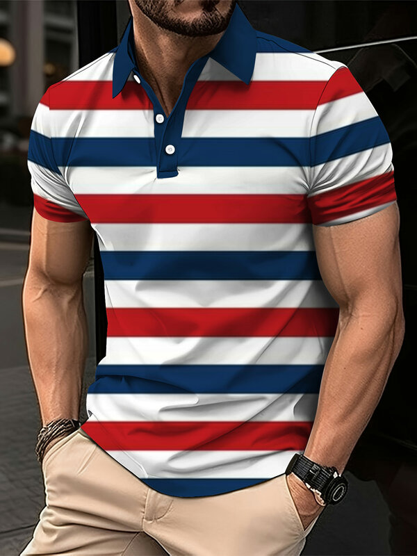 Kaus Polo pria motif pelangi 3d, atasan kaus ukuran besar longgar lengan pendek kasual musim panas