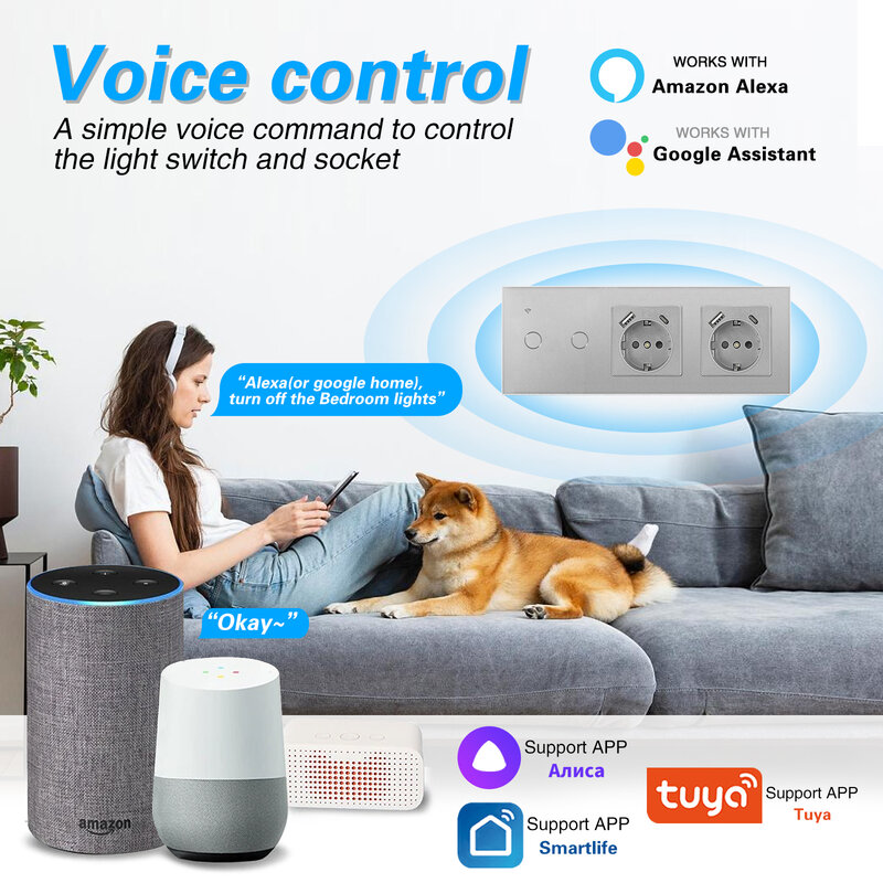 UBARO-enchufe de pared con Wifi para el hogar, enchufe con Sensor Inteligente, funciona con la aplicación Asistente de Google Alexa Alice, EU, 228x86mm