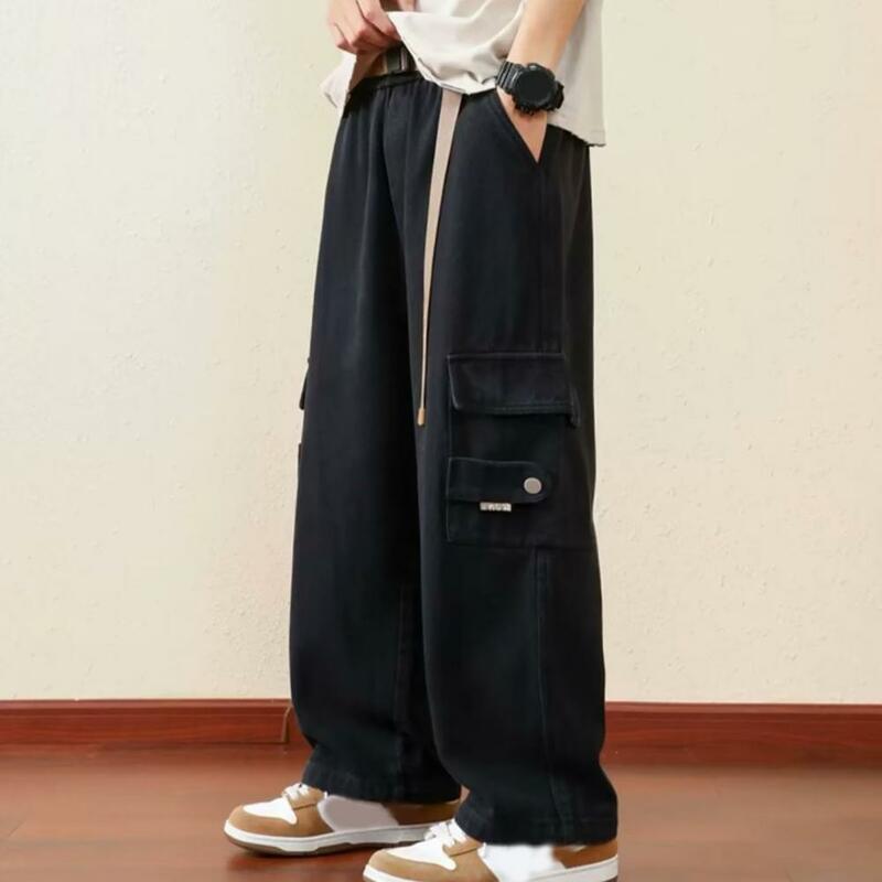 Męskie spodnie Retro w stylu Vintage luźne spodnie Cargo z elastyczną talią wiele kieszeni paskiem miękkie oddychające na co dzień