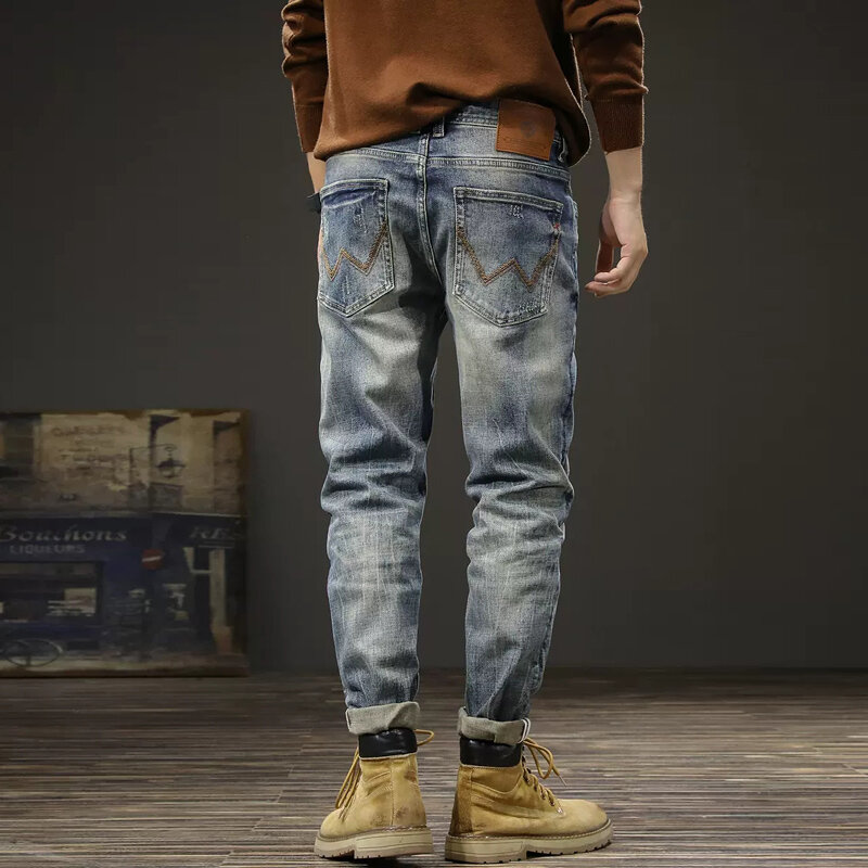 Модные Дизайнерские мужские джинсы, высококачественные синие эластичные узкие рваные джинсы в стиле ретро, мужские винтажные джинсовые брюки в итальянском стиле