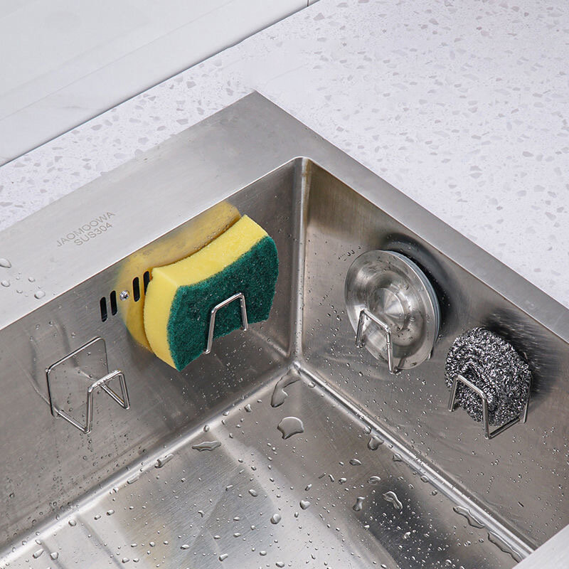 Kitchen 304 Stainless Steel Sink Sponge Holder Self Adhesive Drainer Drying Rack Wall Hooks Accessories Storage Home Organizer