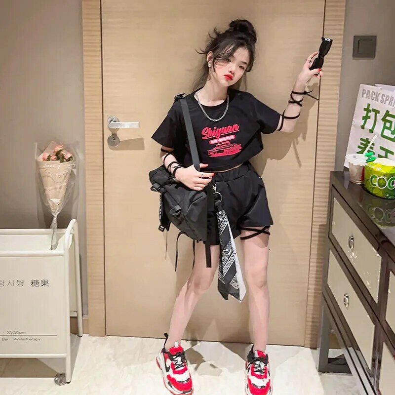 Teen Girls Clothing Sets Summer Fashion Strappy Crop Top + Shorts Cool Hip Hop Two Pieces Suit Children Streetwear Dance Outfits