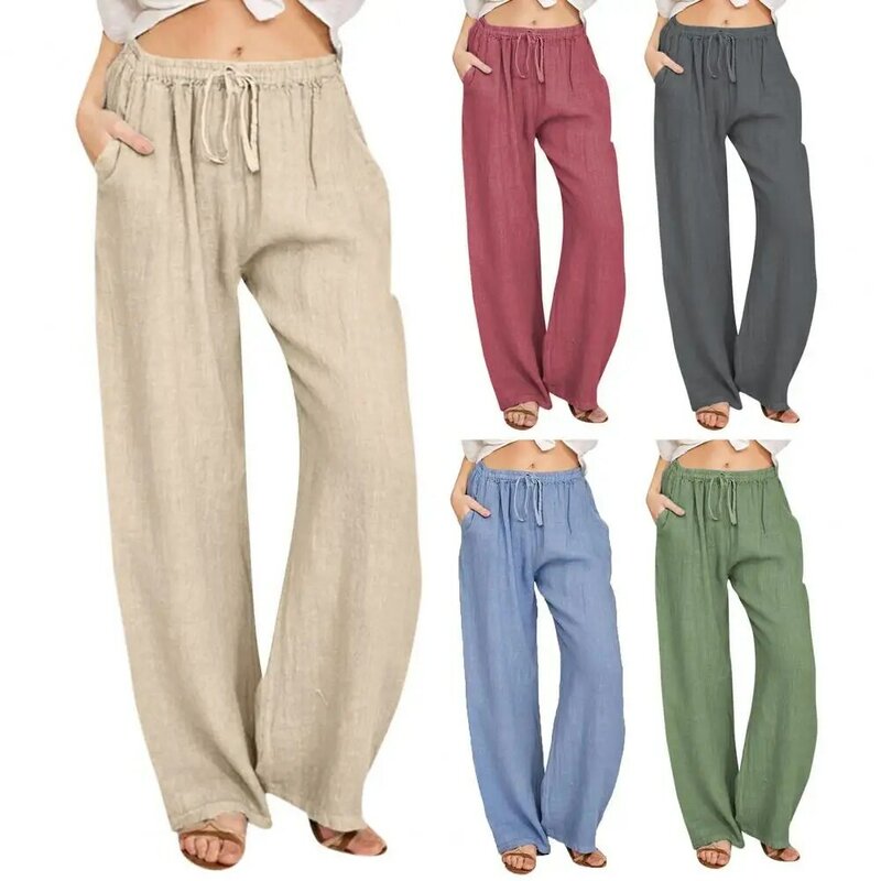 Дышащие брюки, стильные женские летние брюки с эластичным шнурком на талии и карманами для повседневной уличной одежды, удобные