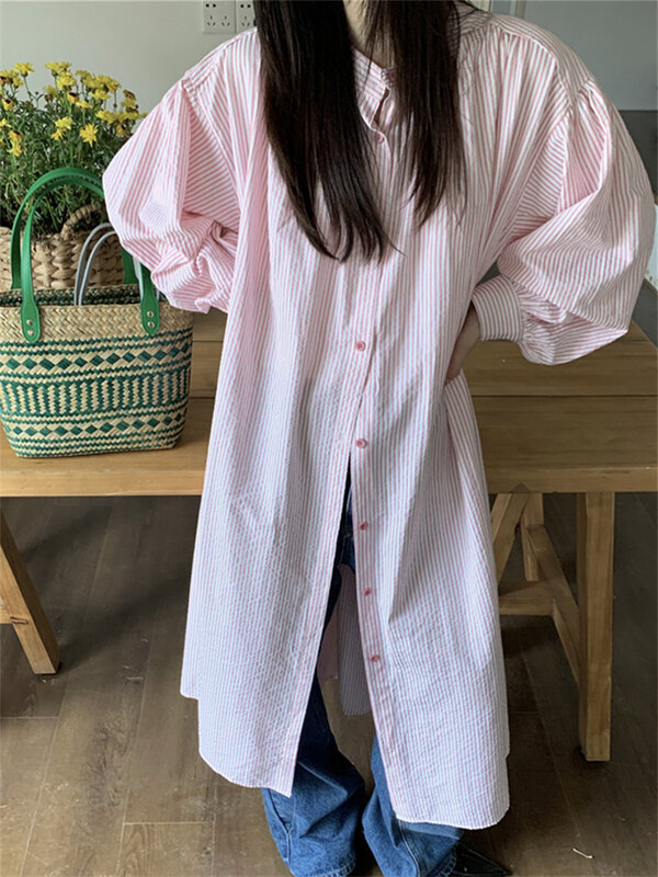 Alien Kitty Korea Oversize Long Shirts Women Chic Stripes 2024 New Loose Summer Office Lady Retro High Street Daily Casual