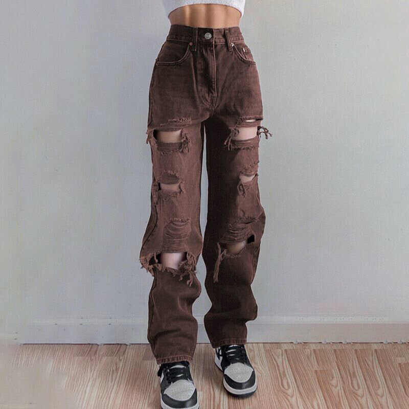 Nowe jeansy uliczne damskie modne dżinsy damskie wysokiej talii luźna szeroka spodnie nogi osobowość dziewczyna dziura proste nogawki kobiet