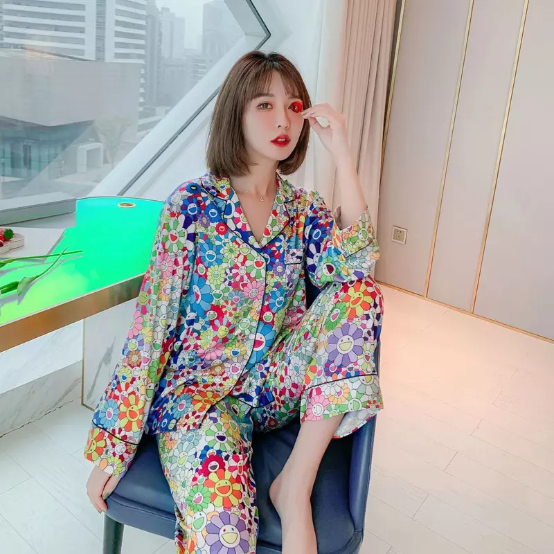 Conjunto de pijama de seda estampado girassol feminino, calça comprida manga comprida, pijama cetim, roupa casual solta, 2 peças