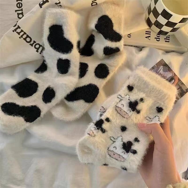 1/2 Pairs Lovely Milk Cow Socks for Women Thicken Cashmere Mid Tube Socks Sweet Girls Soft Warm Korean Outwear Floor Wear Socks
