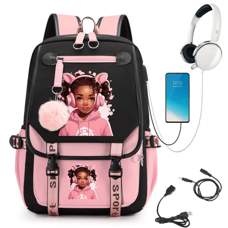Chibi tas punggung sekolah Gambar hitam perempuan, tas ransel sekolah kartun pelajar remaja, tas buku Laptop Mochila, tas punggung bepergian, tas Kawaii