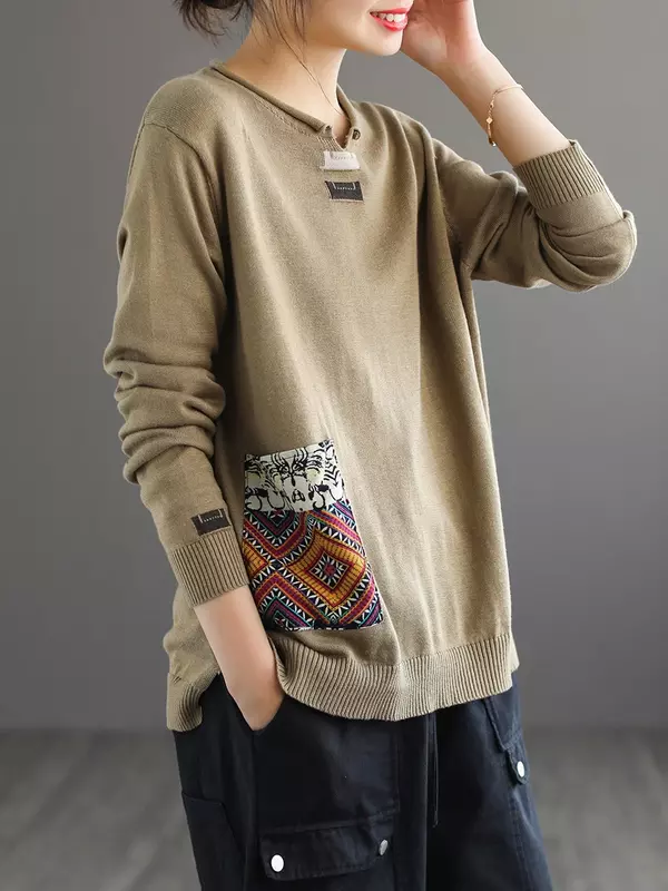 Женский вязаный свитер в стиле пэчворк, Повседневный хлопковый пуловер свободного покроя с длинными рукавами и карманами, модель ZL558 на весну