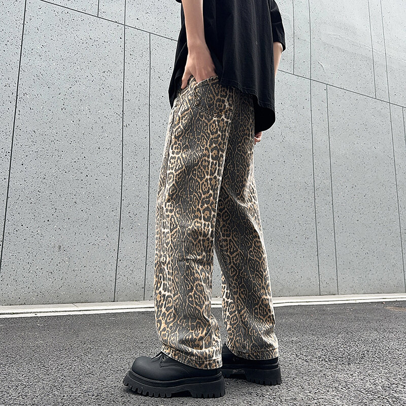 Główna ulica męskie spodnie w stylu Leopard Jeans długie proste spodnie jeansowe koreański styl hiphopowy sweter jakości dżinsy