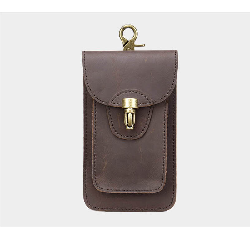 Genuine Leather Men Waist Bag Casual Cowhide Fashion Small Hook Bag Waist Belt Pack Cigarette Case 6.7" Phone Pouch