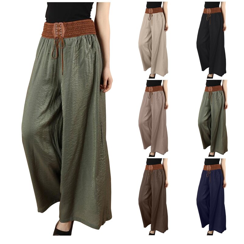 Pantalon en Lin à Jambes Larges pour Femme, Streetwear Décontracté, Confortable, Vacances, 03, -du-- end, Poches, Long, Uni