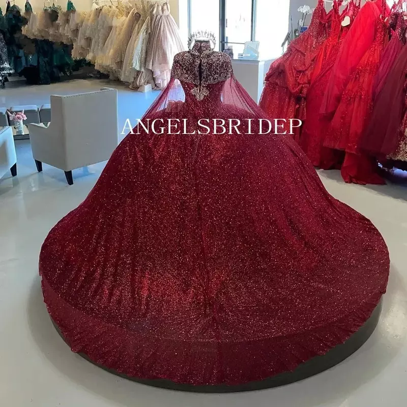 Burgundy Shiny Princess Quinceanera Dresses With Cape Glitter Applique Ball Gown Beading Party Sweet 16 Dress Lace-Up Back
