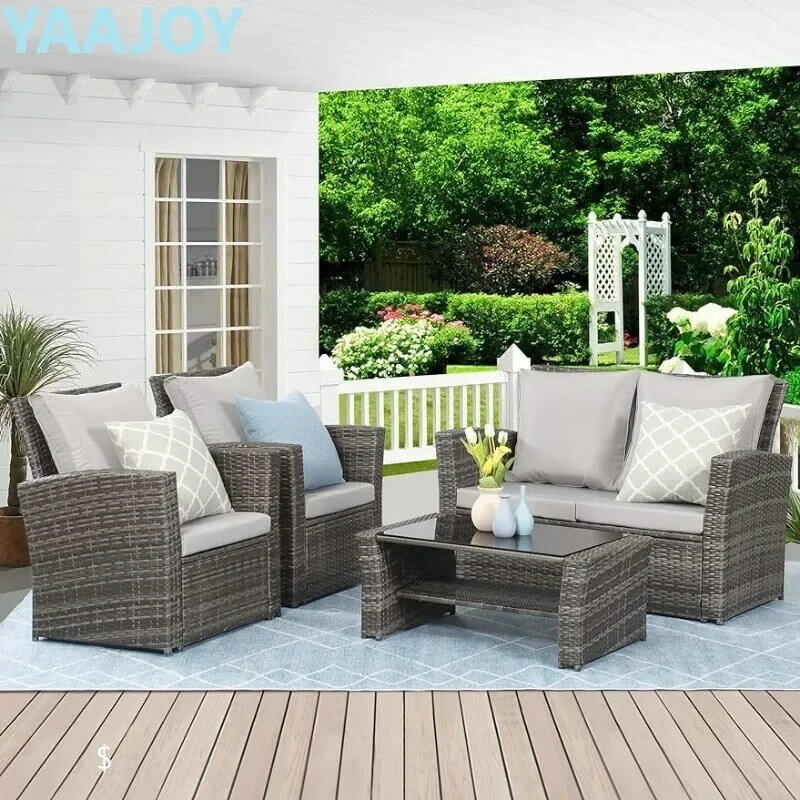 4 Piece Outdoor Patio Furniture Sets, Wicker Conversation Set for Porch Deck, Gray/Brown Rattan Sofa Chair with Cushion