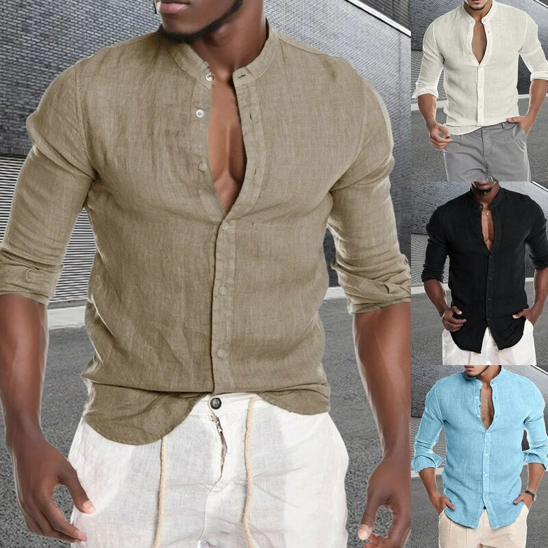 Camisa masculina de botão de algodão de linho de manga comprida virada para baixo, blusa masculina retrô, top solto, marca bonita, primavera e outono, sólida