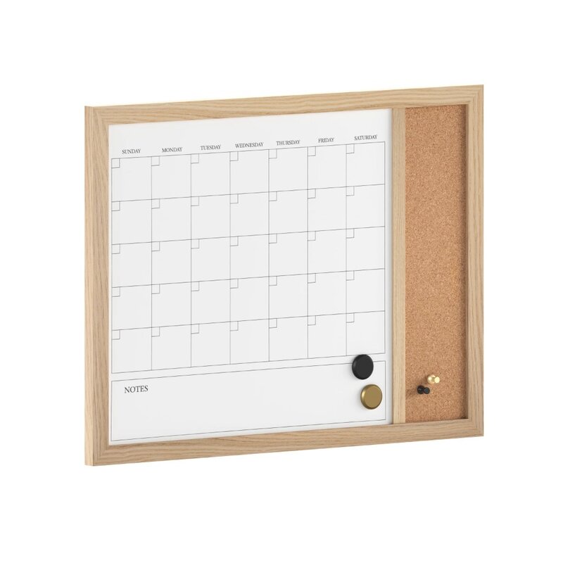 24"x18" Magnetic Dry Erase Monthly Calendar and Cork Board Combo with Included Marker, Magnets, and Push Pins