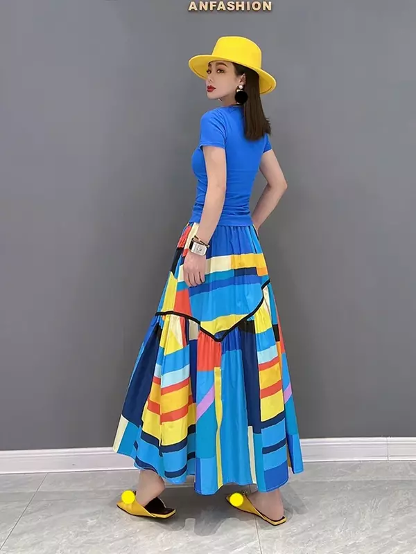 XITAO Contrast Color Skirt Irregular Folds Splicing A-line Skirt Personality New Fashion Street Trendy All-match Women WMD5493