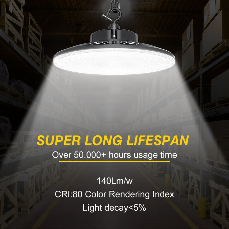 ハイベイ調光可能LEDライト,300w,0-10v,ip65 ul dlc,5000k,サニタリーワークショップ照明,固定設置